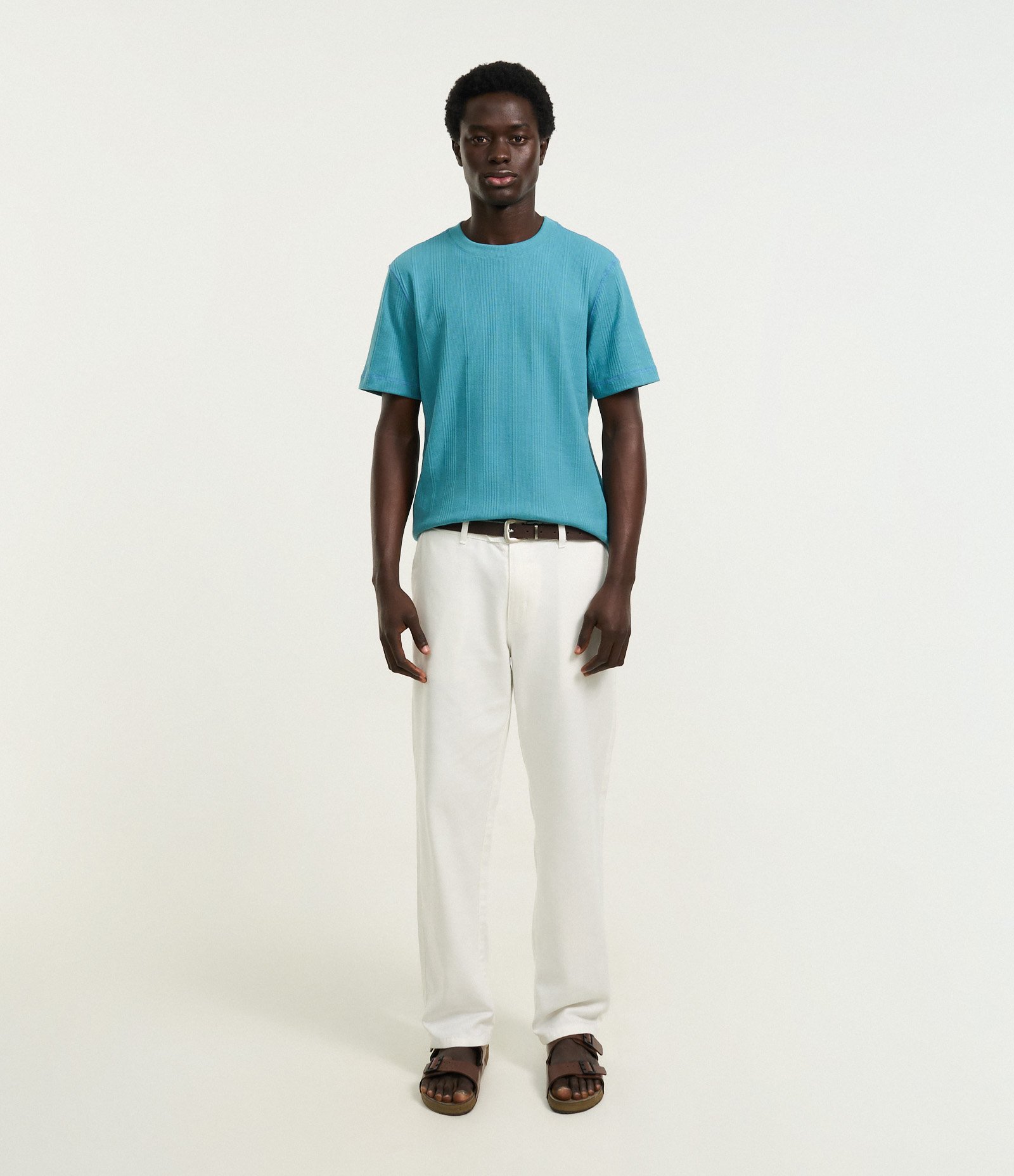 Camiseta Regular em Algodão com Textura Vertical Azul 2