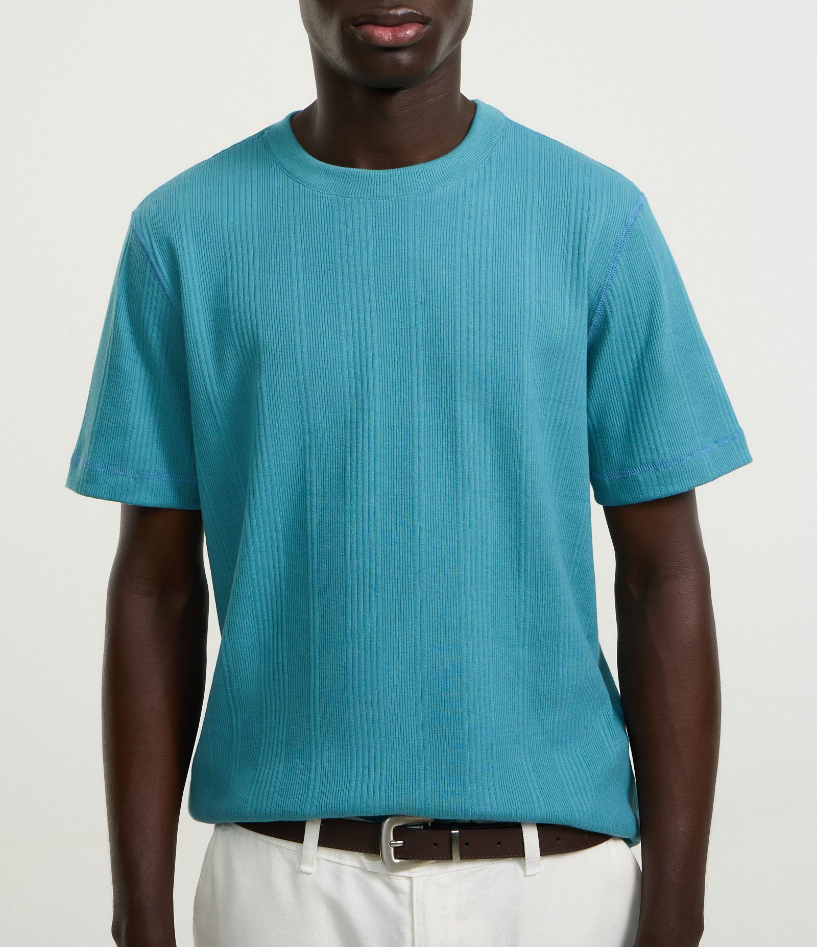 Camiseta Regular em Algodão com Textura Vertical Azul 3