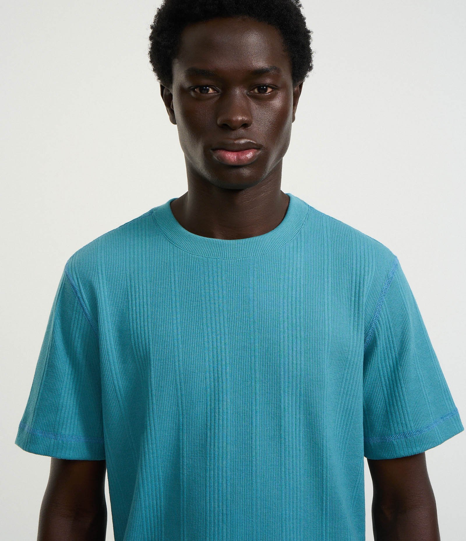 Camiseta Regular em Algodão com Textura Vertical Azul 4