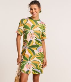 Vestido Curto T-shirt em Viscose com Estampa Tropical
