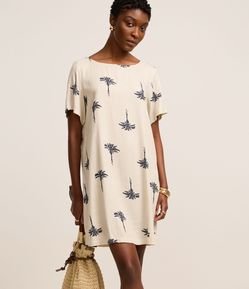 Vestido T-Shirt em Viscose com Efeito Linho e Estampa Coqueiros