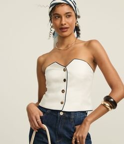 Blusa Alfaiatada Sem Alça com Botões e Vieses Contrastantes