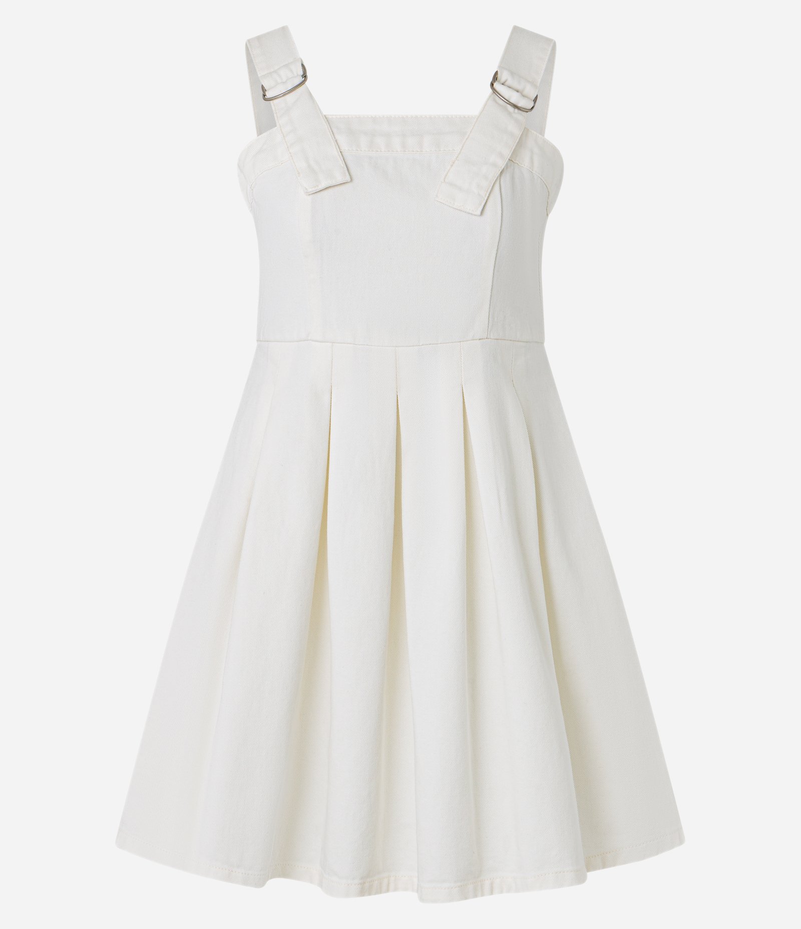 Vestido Curto em Sarja com Alça com Ajustadores e Saia Plissada Branco 5