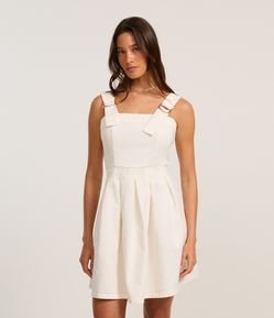 Vestido Curto em Sarja com Alça com Ajustadores e Saia Plissada