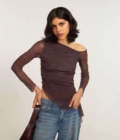 Blusa em Tule com Ponta Lateral e Estampa Abstrata