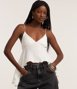 Blusa Curta Texturizada com Alças Finas e Pontas