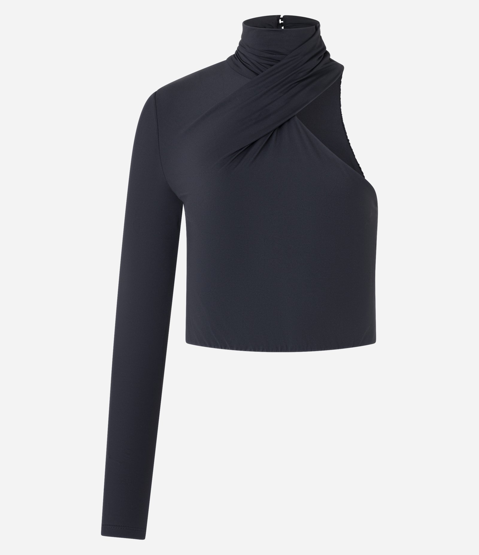 Blusa em Helanca com Gola Alta Torcida e Um Ombro Só Preto 5