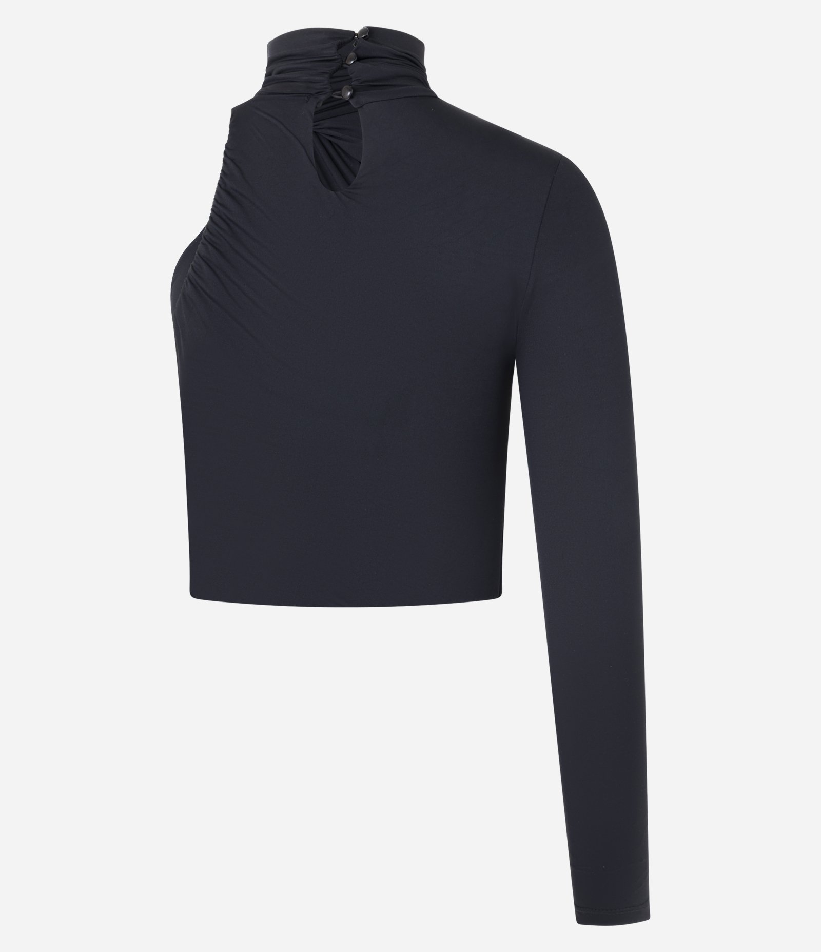 Blusa em Helanca com Gola Alta Torcida e Um Ombro Só Preto 6