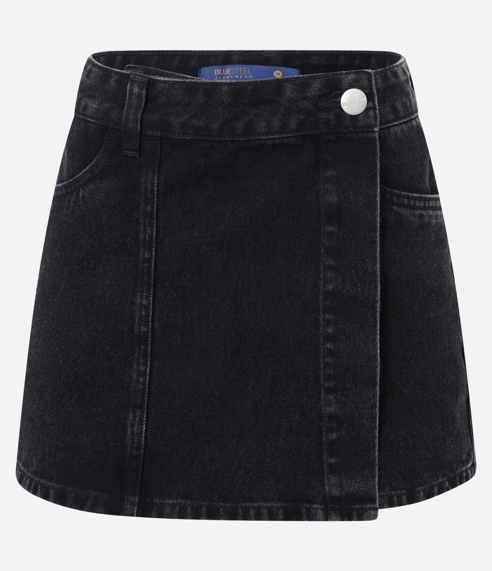 Short Saia Jeans com Sobreposição e Botão no Cós Preto 1
