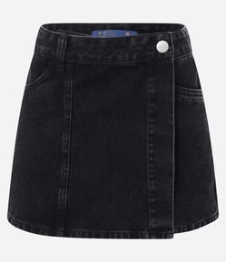 Short Saia Jeans com Sobreposição e Botão no Cós