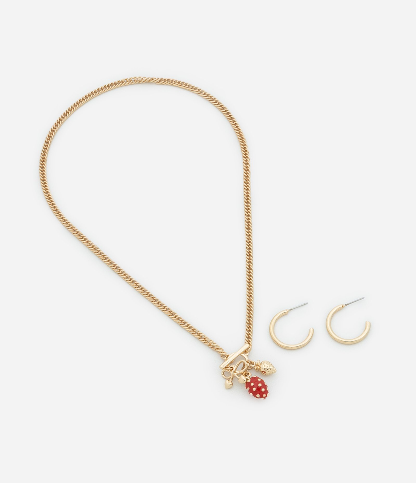 Conjunto de Colar Médio com Pingente de Moranguinhos e Brinco Argola Dourado 2