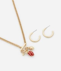 Conjunto de Colar Médio com Pingente de Moranguinhos e Brinco Argola