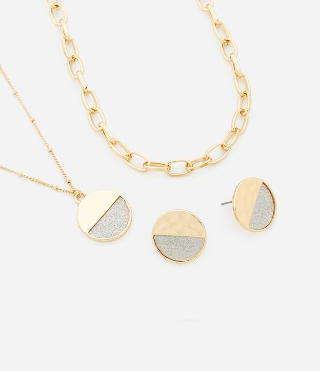 Conjunto de Colar Camadas e Brinco Botão com Efeito Martelado e Brilho