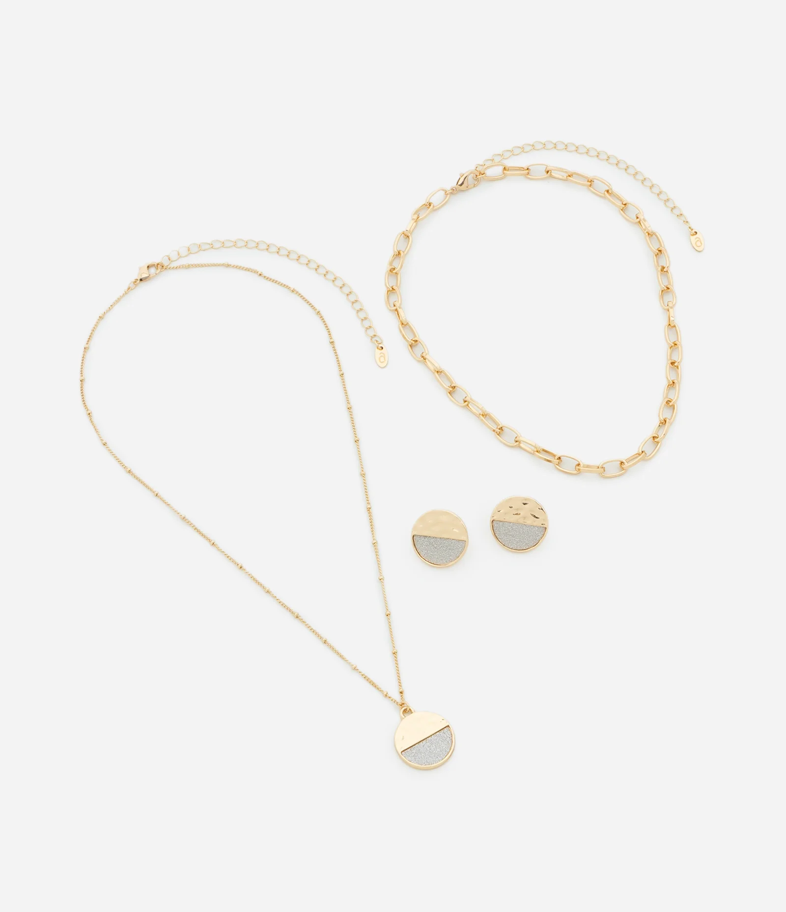 Conjunto de Colar Camadas e Brinco Botão com Efeito Martelado e Brilho Dourado 2