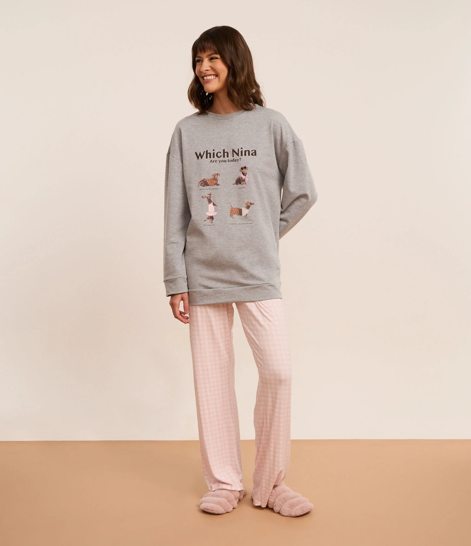 Pijama Longo em Moletom Felpudo com Estampa de Cachorrinho Cinza 1