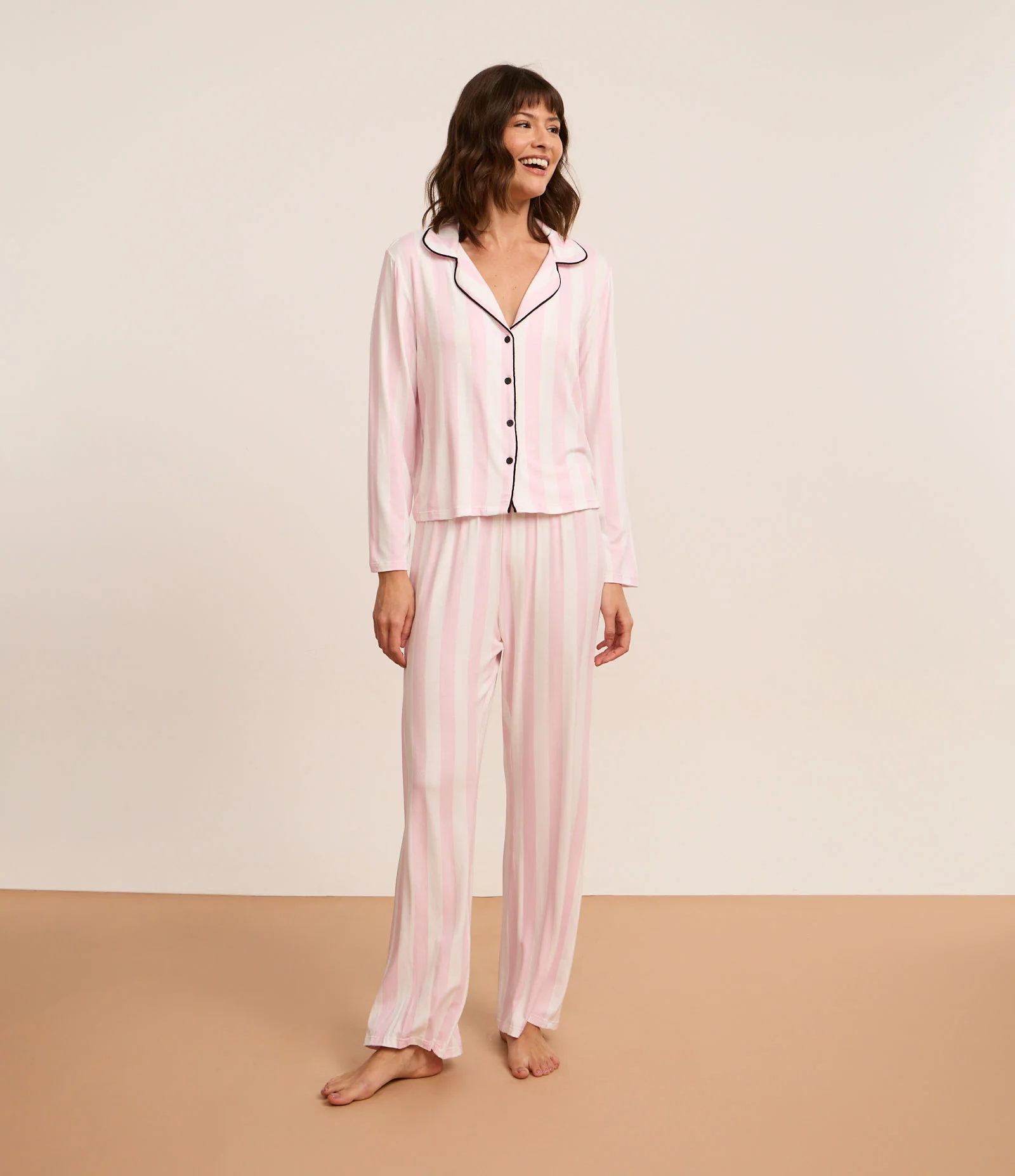 Pijama Americano Longo em Viscose com Estampa Listrada Rosa 2