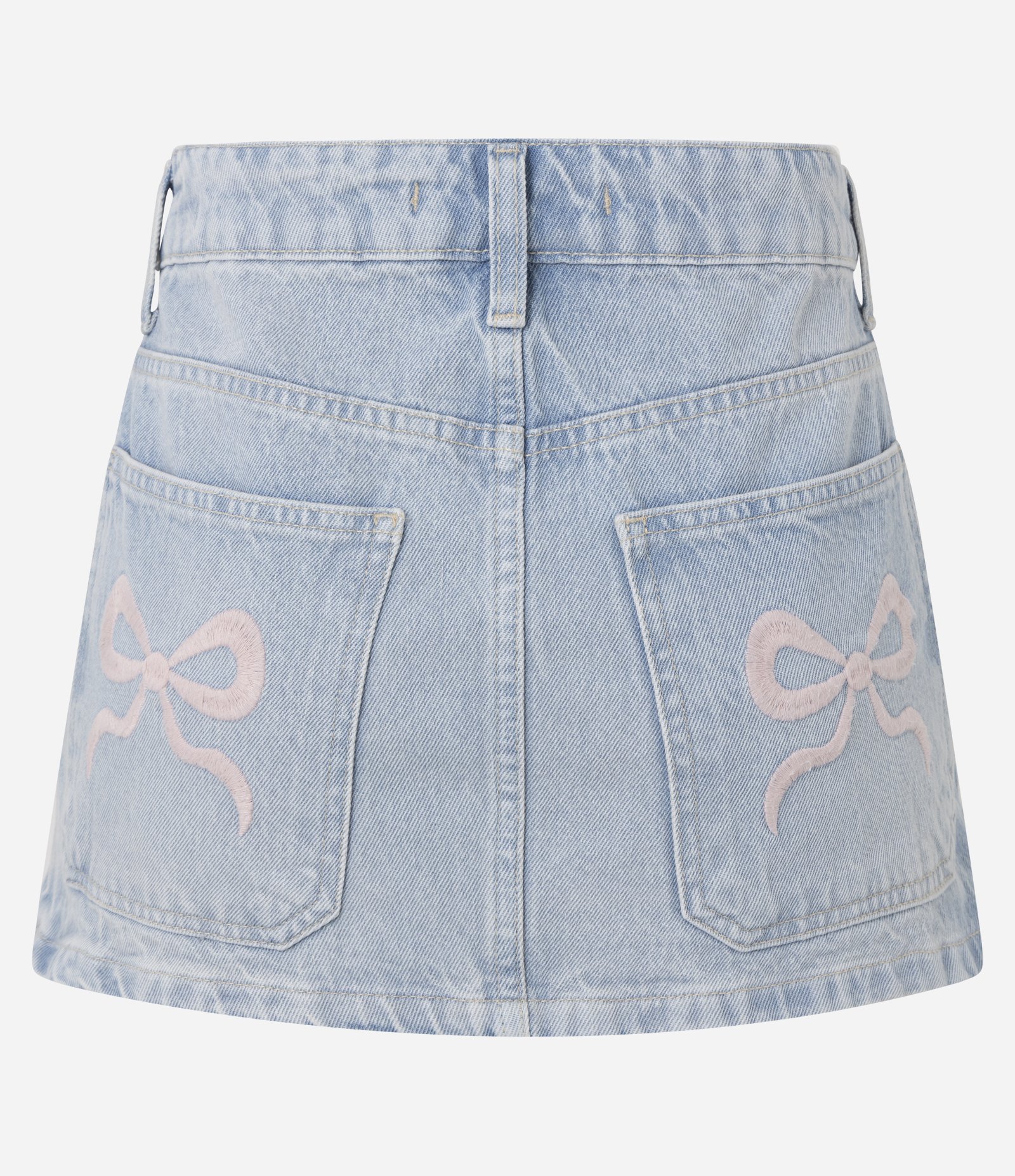 Saia Mini em Jeans com Bolso Faca e Bordado de Laço Azul 5