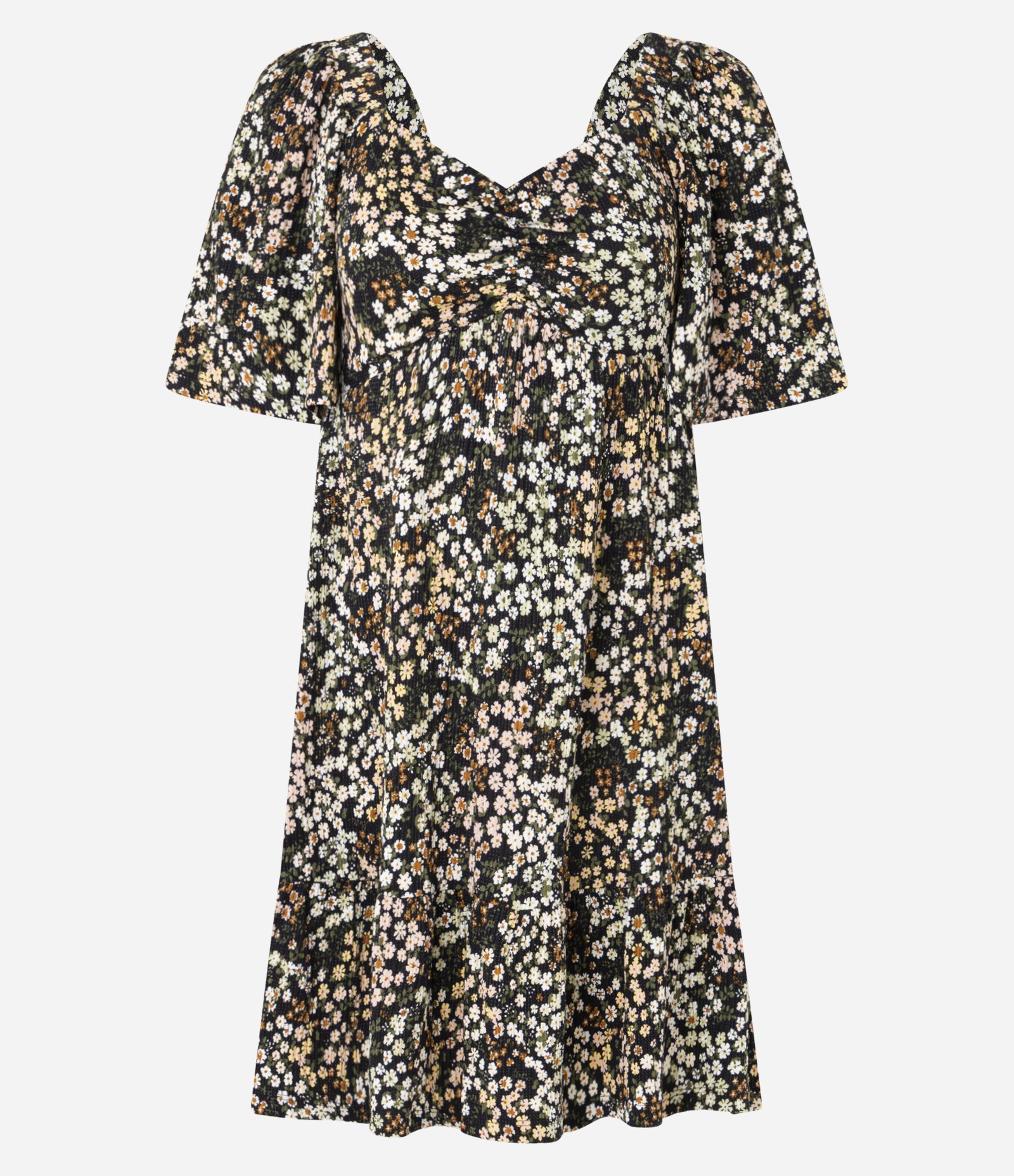 Vestido Curto Texturizado Floral Liberty com Decote Coração Preto 5