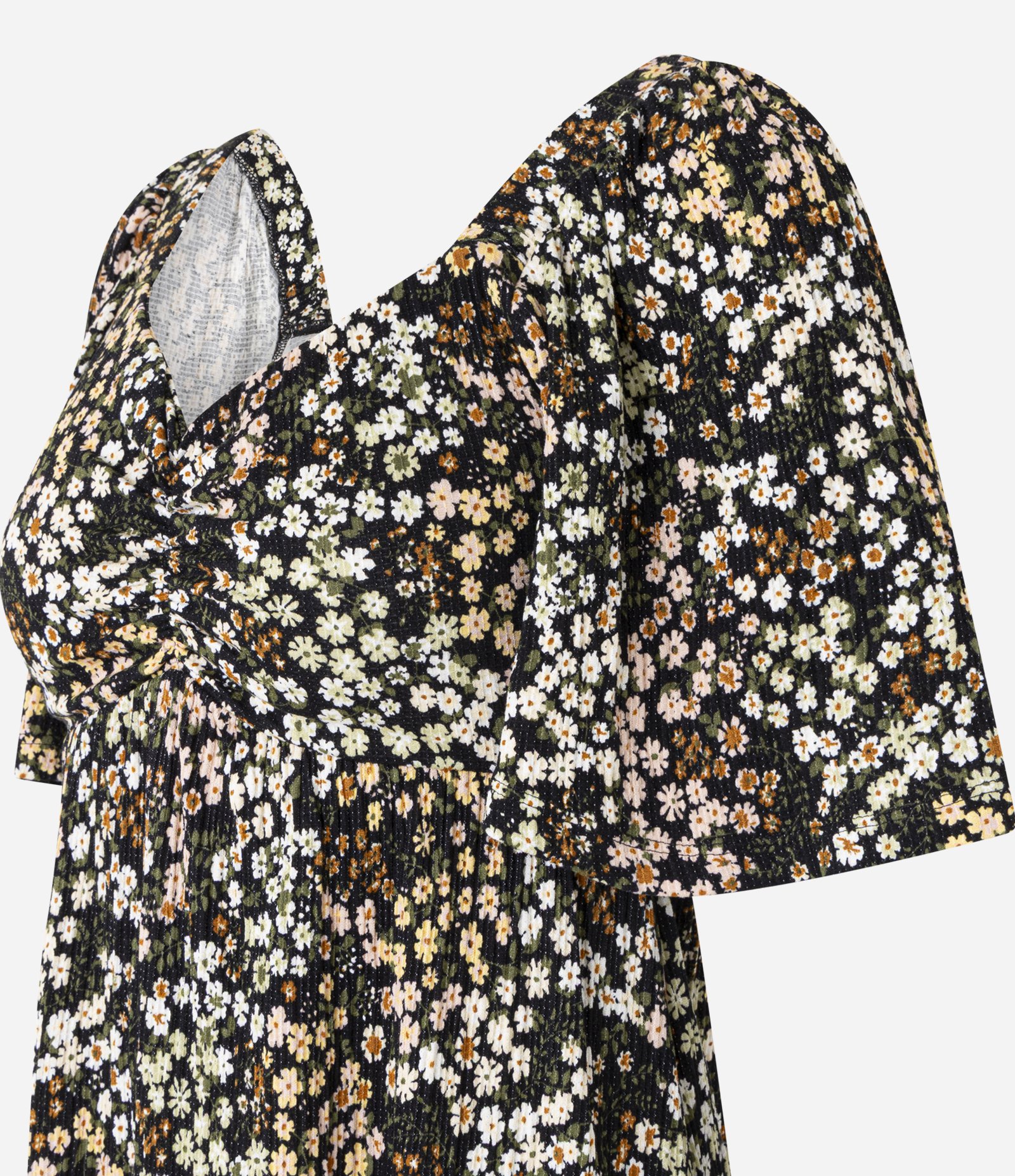 Vestido Curto Texturizado Floral Liberty com Decote Coração Preto 6