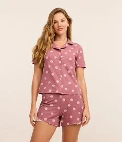 Pijama Short Doll Americano em Viscose com Estampa de Conchas e Detalhe Rendinha
