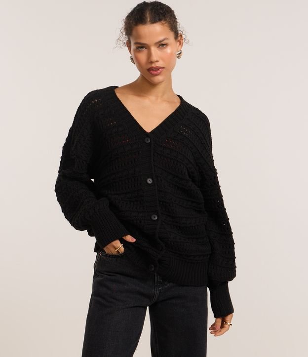 Casaco em Tricô com Botões e Textura em Listras