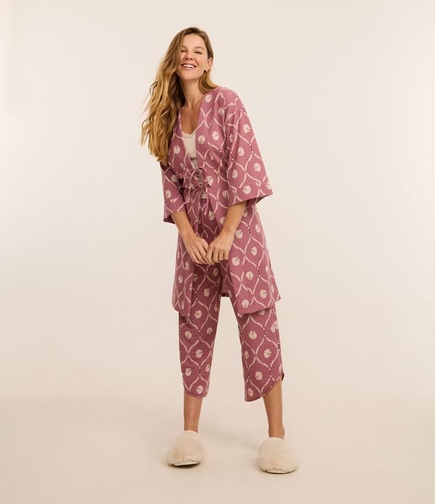 Trio de Pijama com Robe em Viscose e Estampa de Conchas