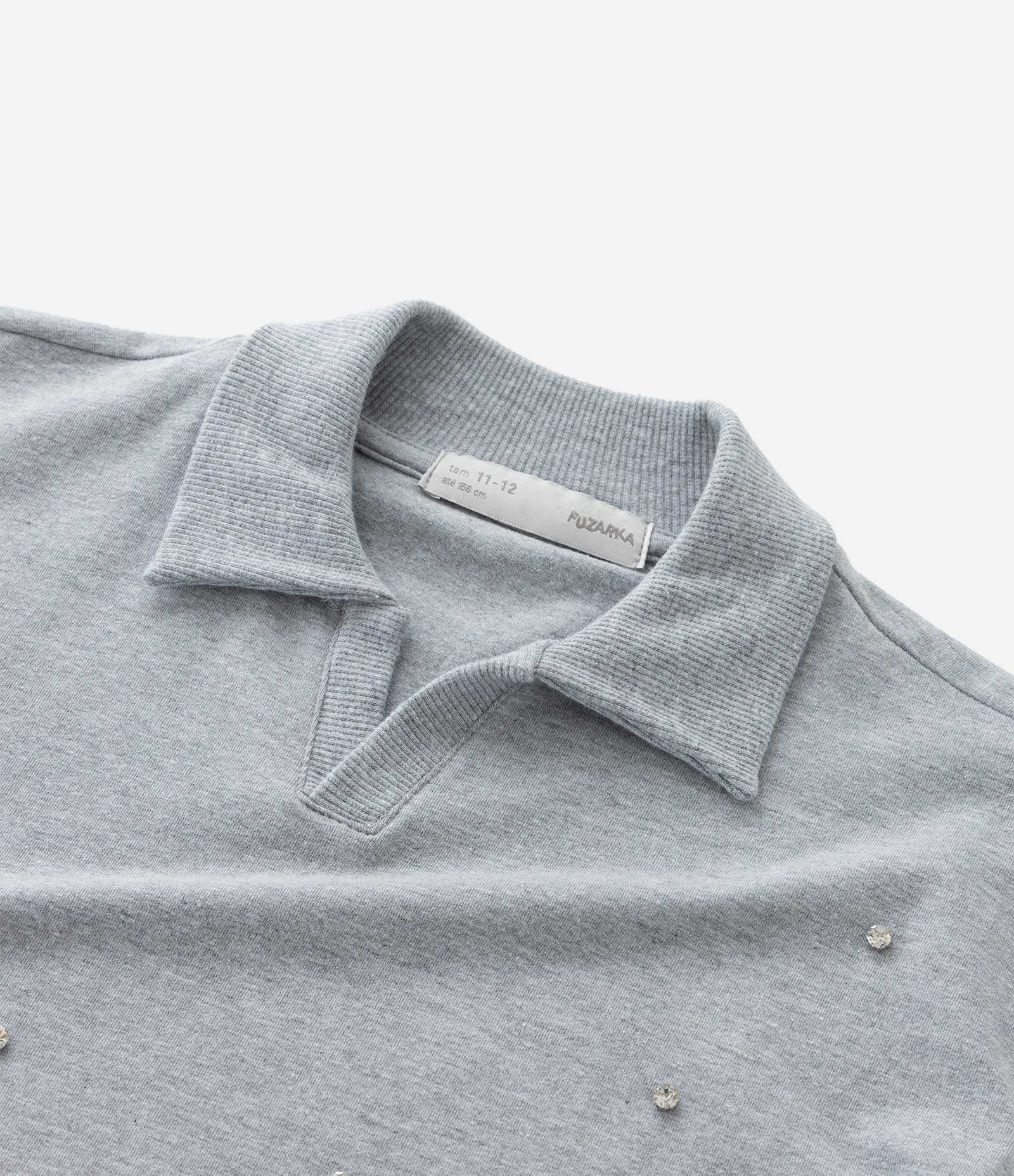 Camiseta Polo Infantil em Moletinho com Aplicação de Strass - Tam  5 a 14 Anos Cinza 5