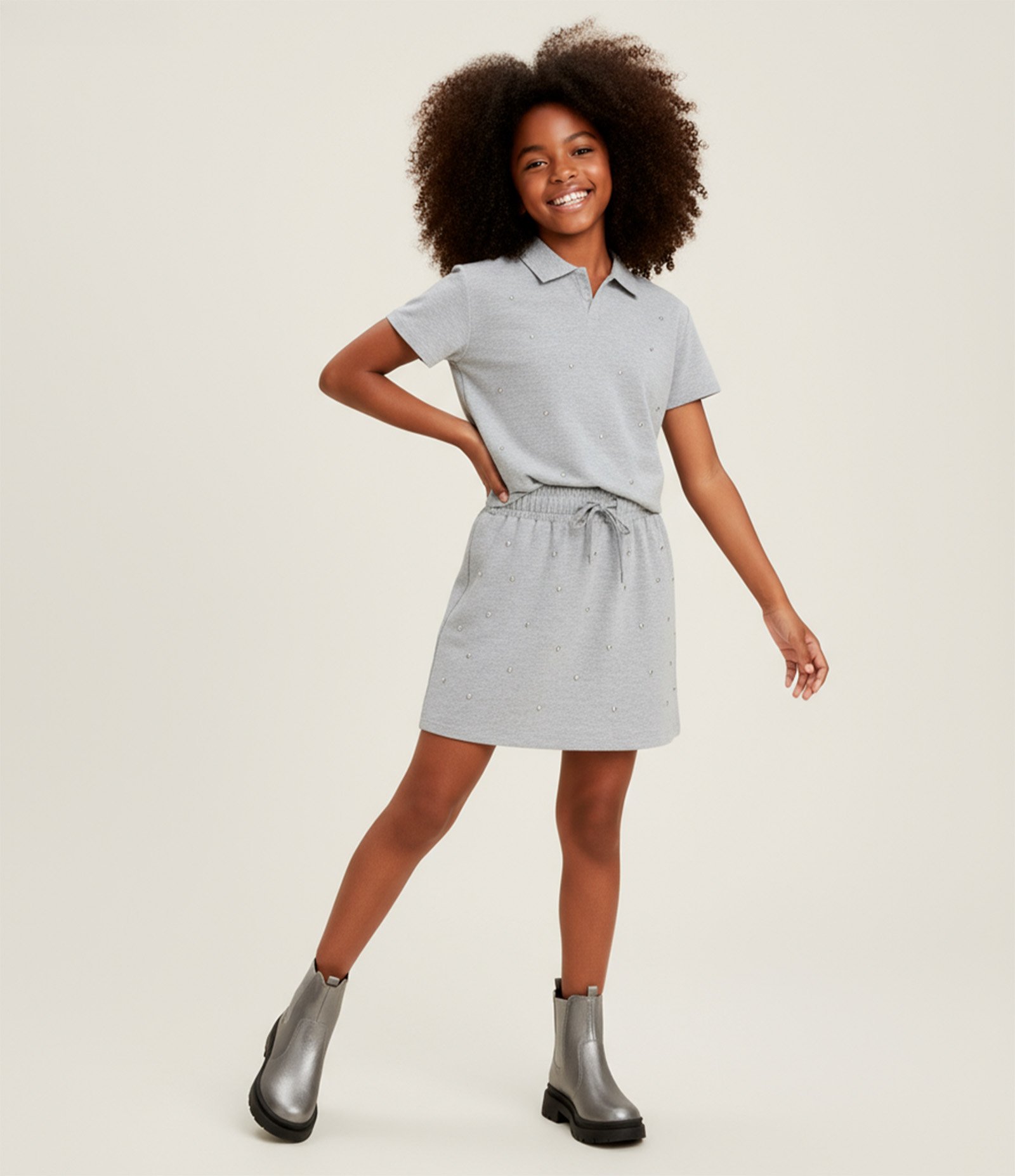 Saia Infantil em Moletinho com Brilhos Aplicados - Tam 5 a 14 Anos Cinza 1