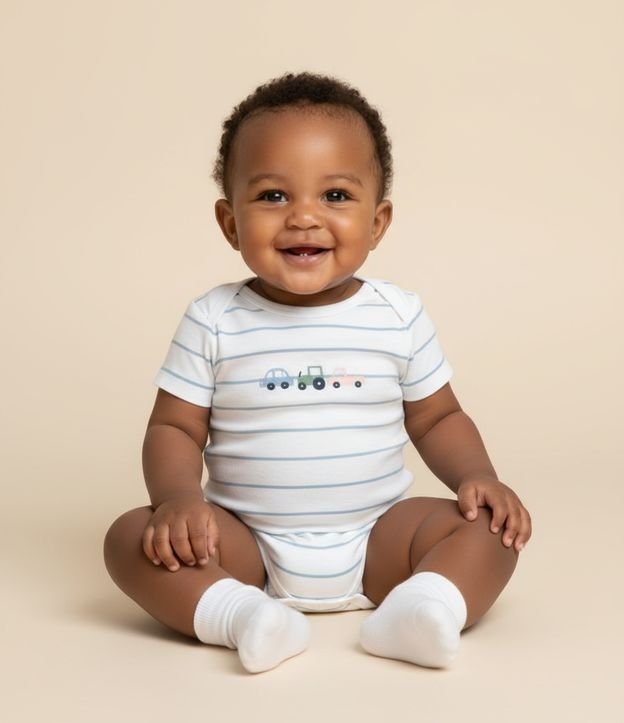 Body Infantil com Estampa Listrada e Carrinhos - Tam RN a 18 Meses