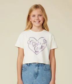 Camiseta Boxy Infantil com Aplicação de Strass Girls Club - Tam 5 a 14 Anos