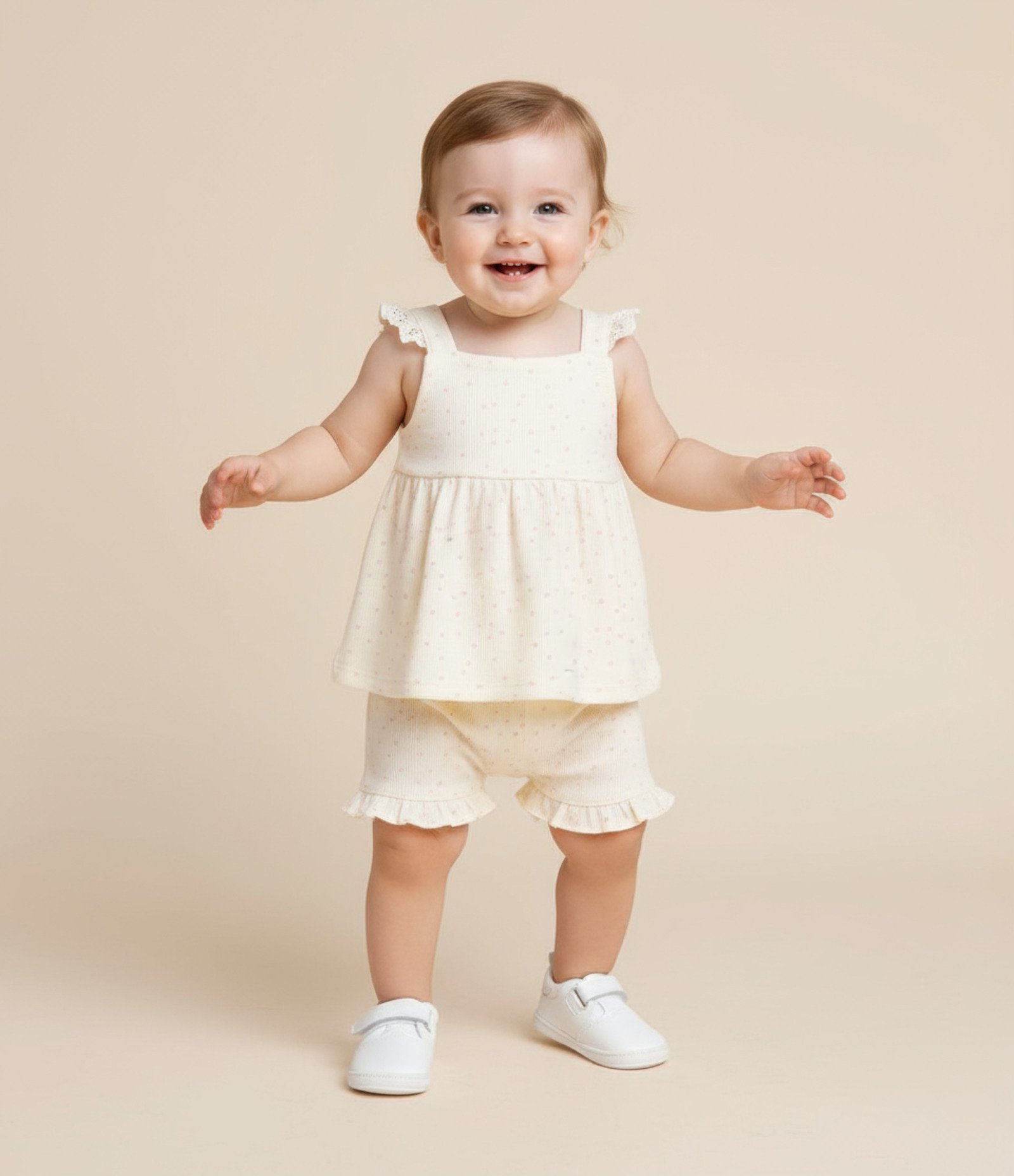 Conjunto Infantil com Estampa Poá Detalhes em Broderie e Textura Waffle - Tam 0 a 18 Meses Bege 1