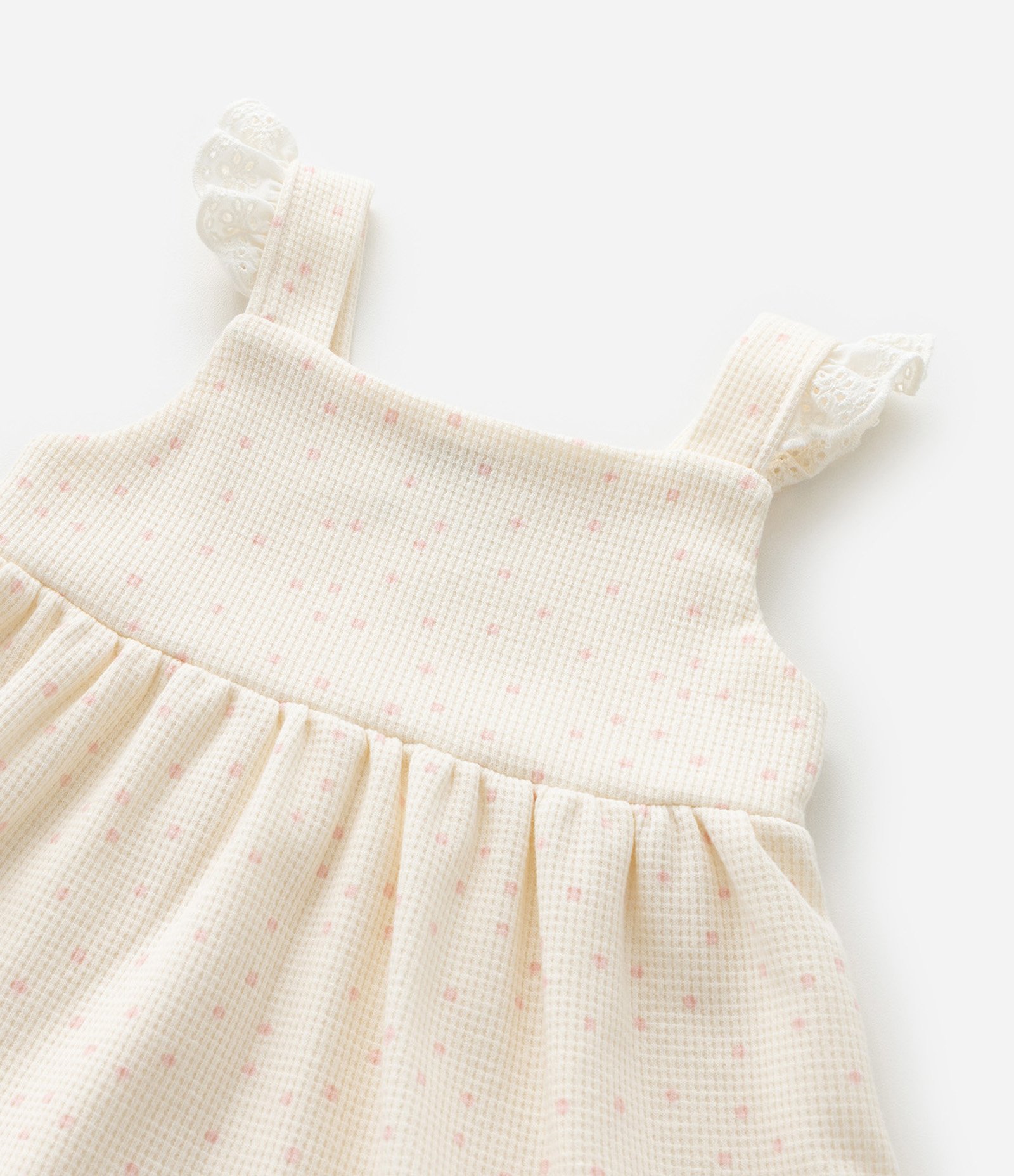 Conjunto Infantil com Estampa Poá Detalhes em Broderie e Textura Waffle - Tam 0 a 18 Meses Bege 12