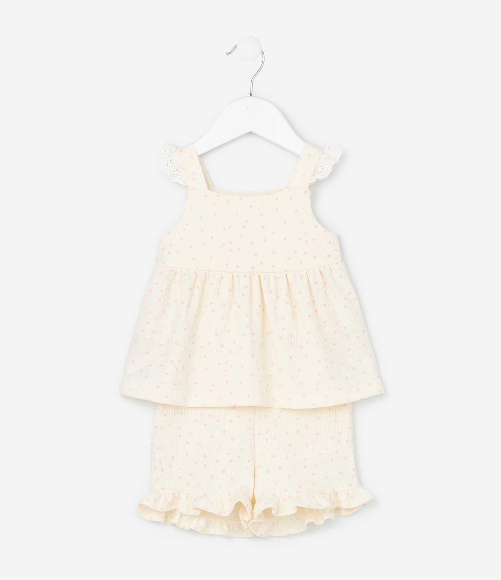 Conjunto Infantil com Estampa Poá Detalhes em Broderie e Textura Waffle - Tam 0 a 18 Meses Bege 2