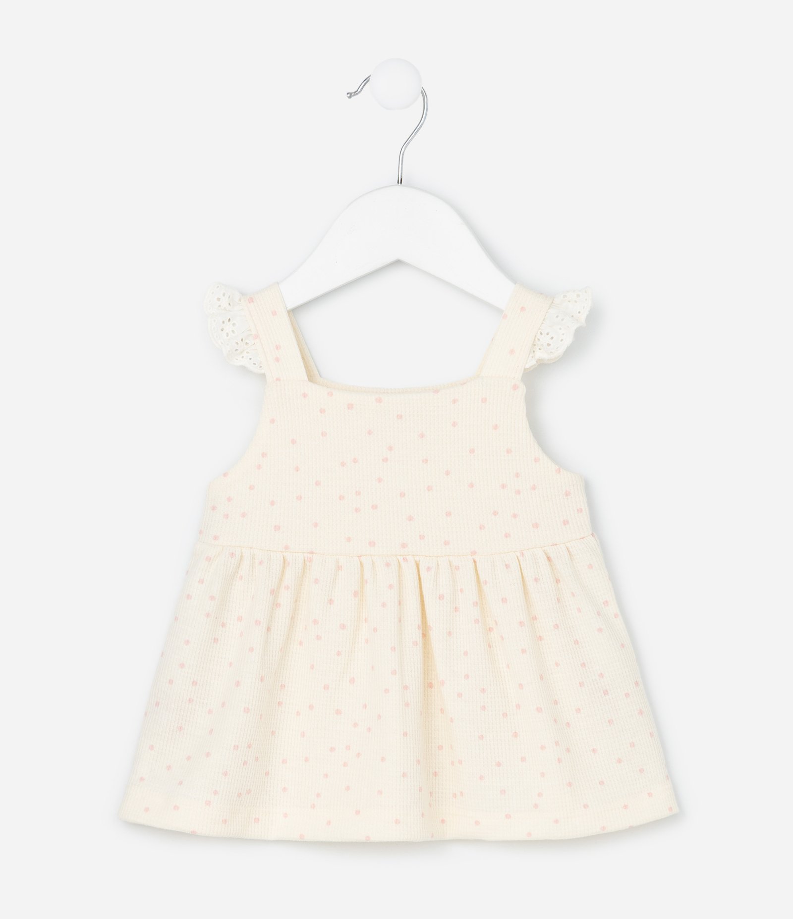 Conjunto Infantil com Estampa Poá Detalhes em Broderie e Textura Waffle - Tam 0 a 18 Meses Bege 3