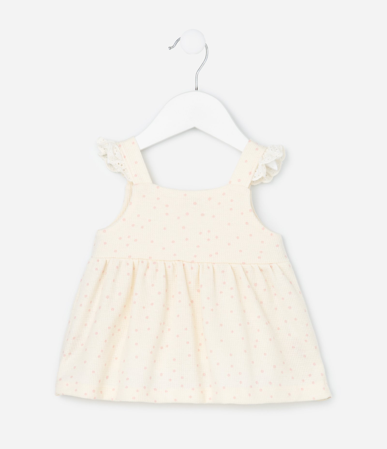 Conjunto Infantil com Estampa Poá Detalhes em Broderie e Textura Waffle - Tam 0 a 18 Meses Bege 4