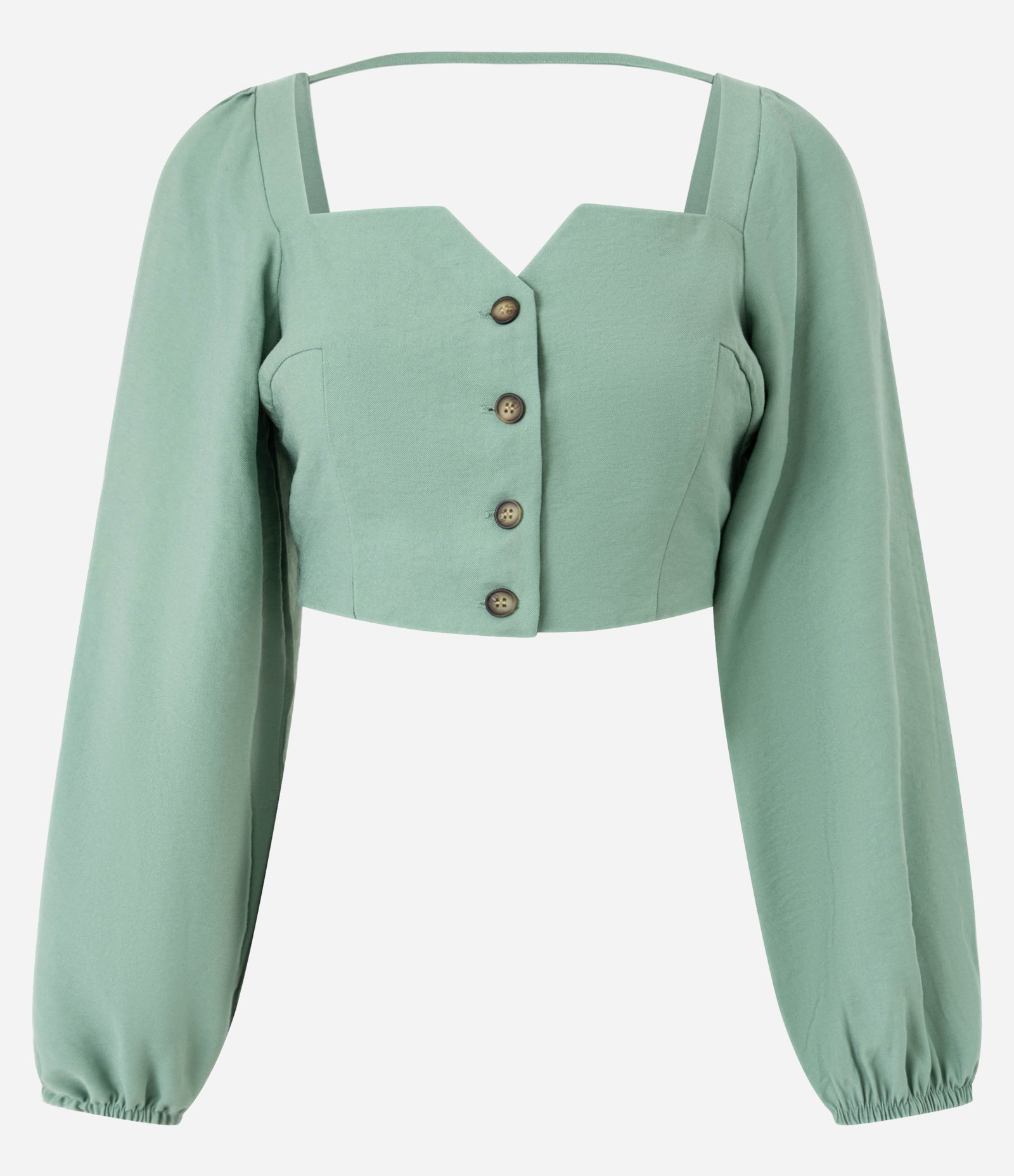 Blusa Cropped Alfaiatada com Mangas Bufantes e Botões Matizados Verde 7