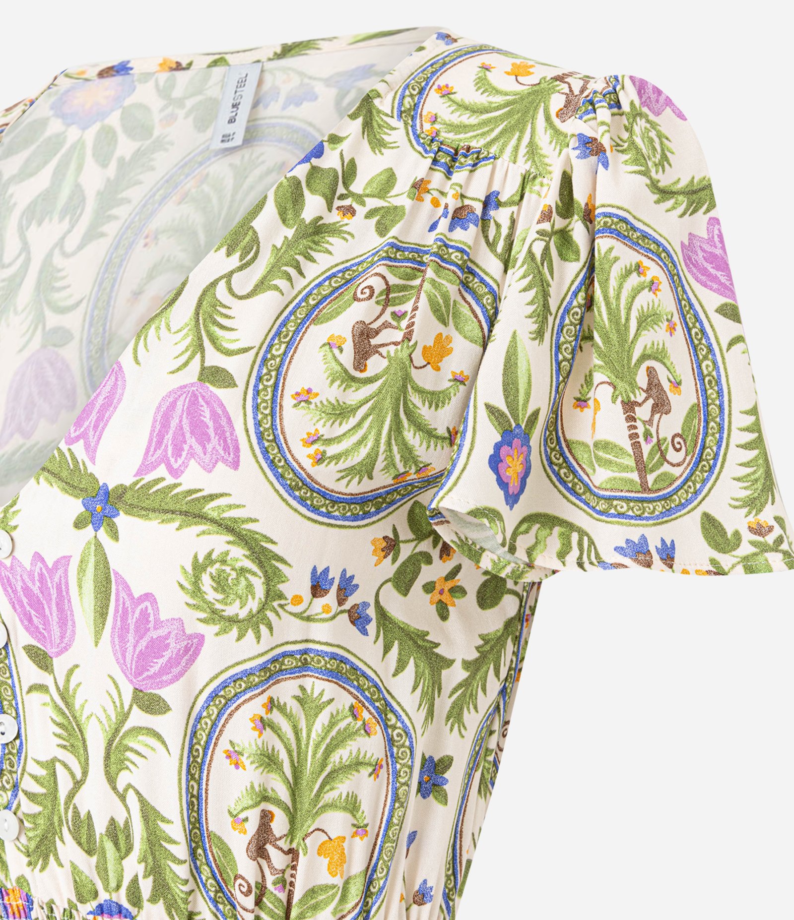 Vestido Long Midi em Viscose com Estampa Tropical e Manga Soltinha Off White 6