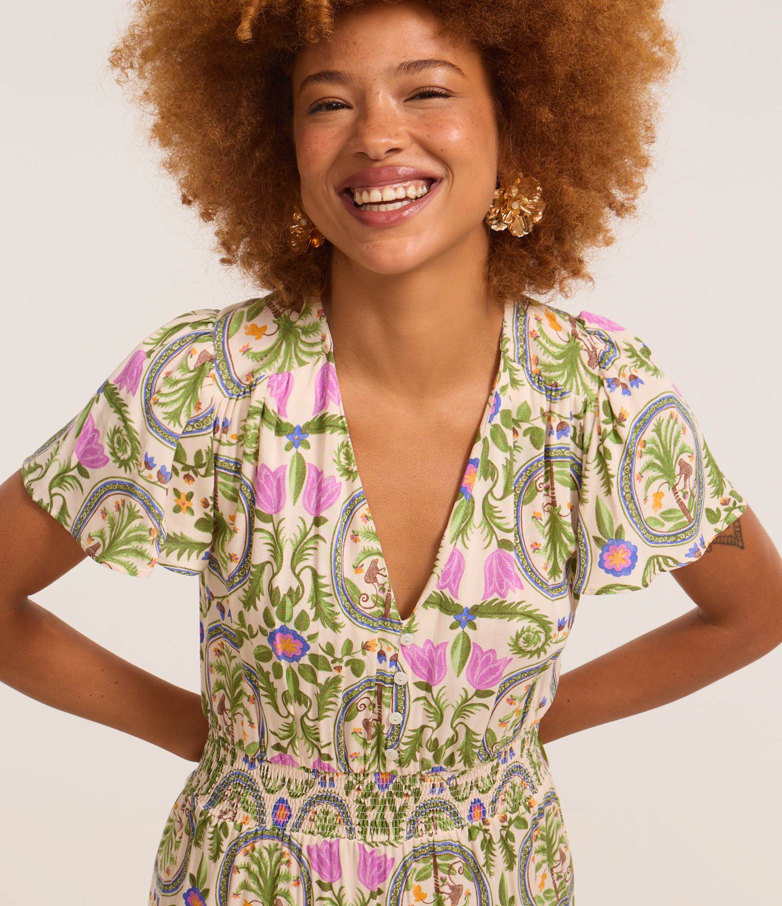 Vestido Long Midi em Viscose com Estampa Tropical e Manga Soltinha Off White 3