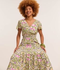Vestido Long Midi em Viscose com Estampa Tropical e Manga Soltinha