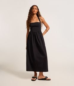 Vestido Midi em Tricoline com Franzido na Cintura e Lastex nas Costas