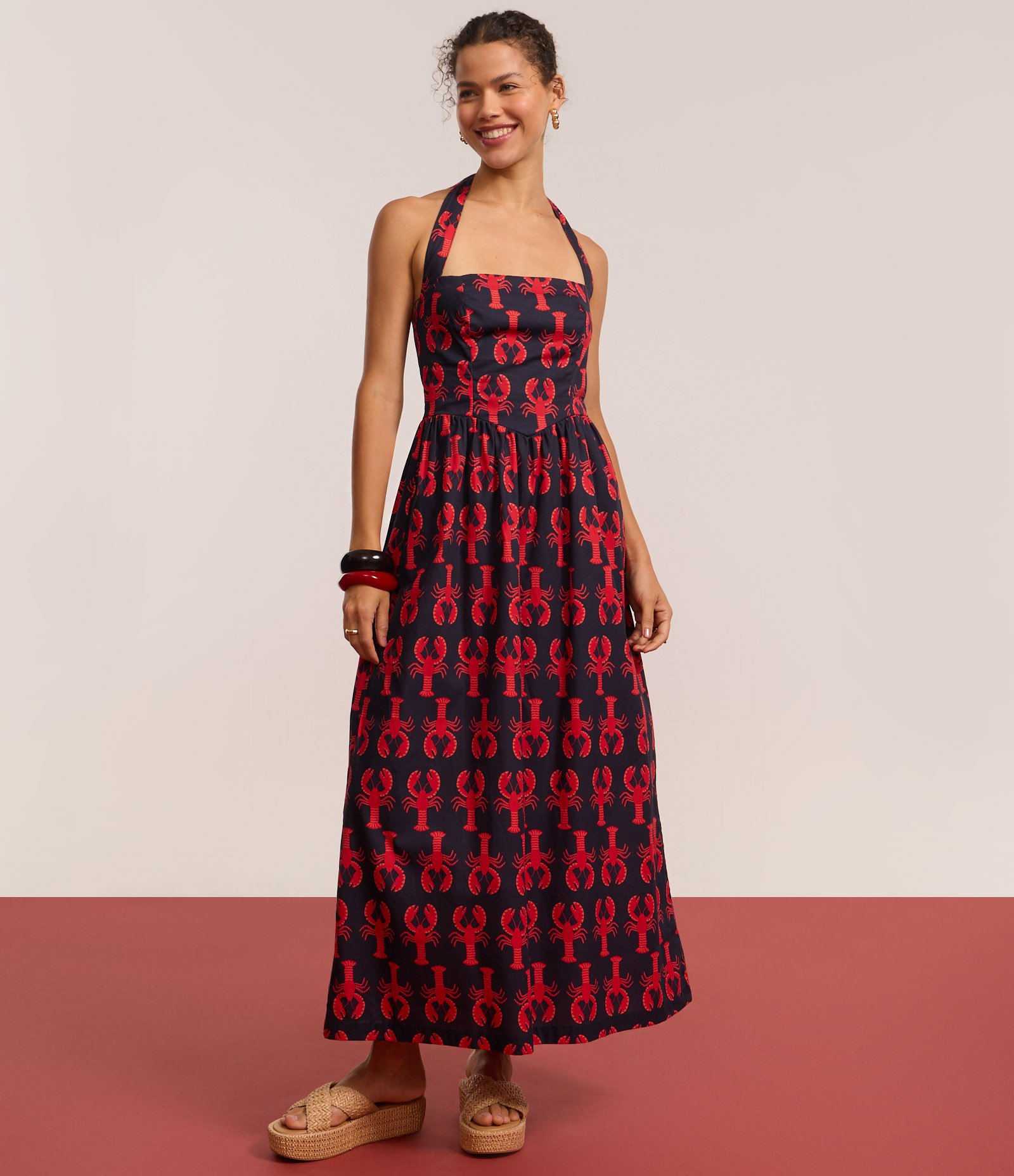 Vestido Midi em Algodão com Estampa de Lagostas Azul Marinho 5