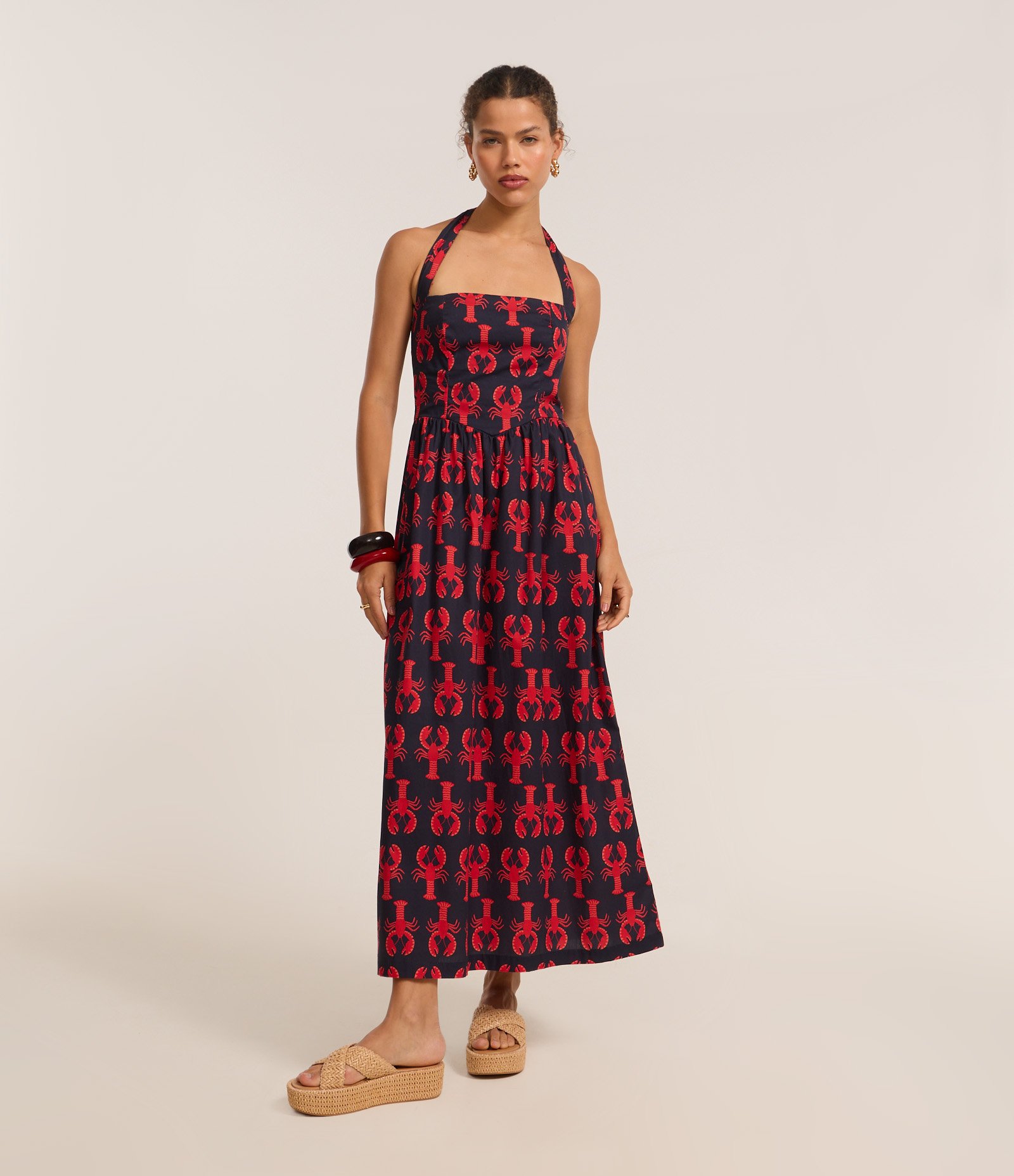 Vestido Midi em Algodão com Estampa de Lagostas Azul Marinho 1