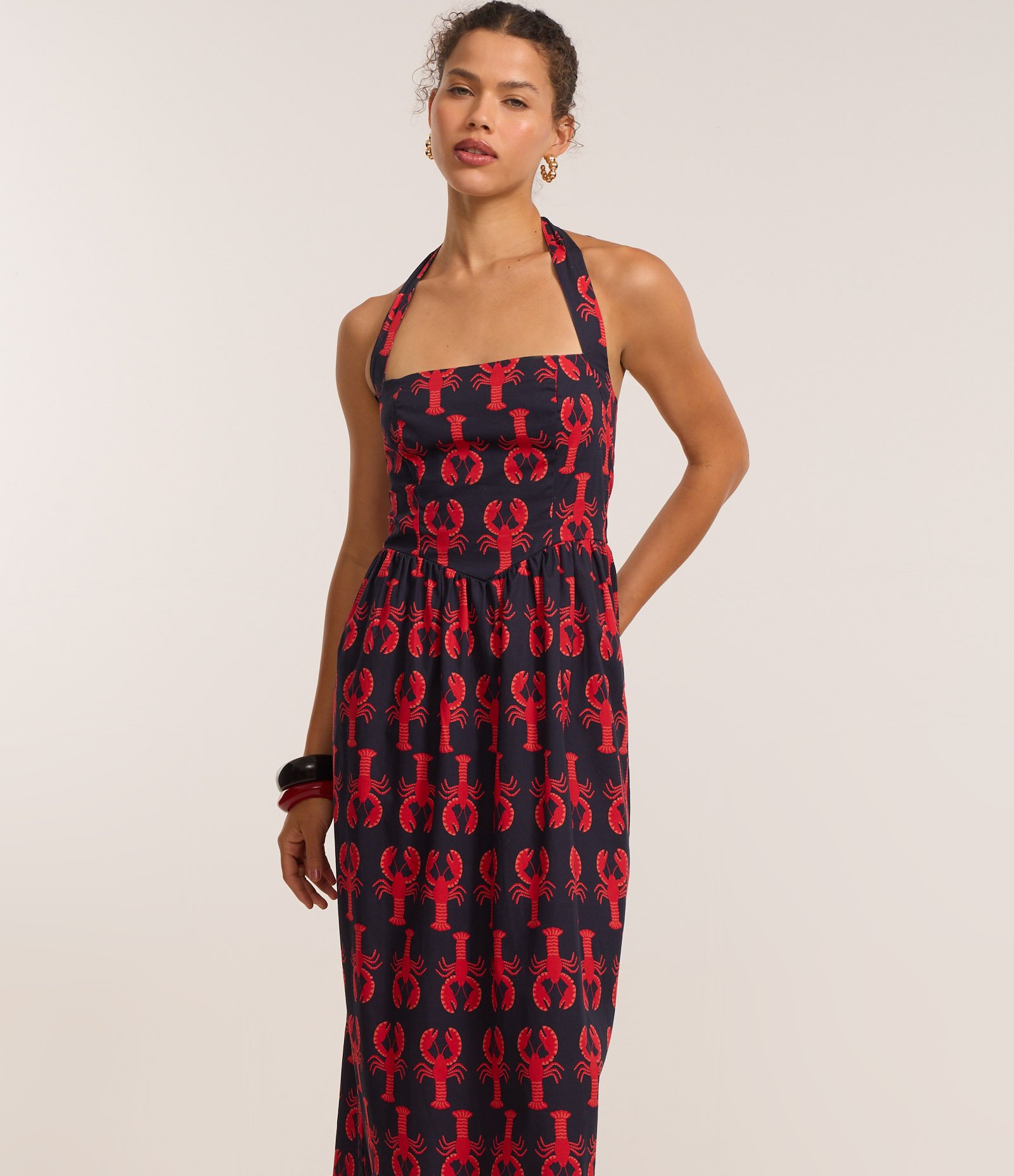 Vestido Midi em Algodão com Estampa de Lagostas Azul Marinho 2