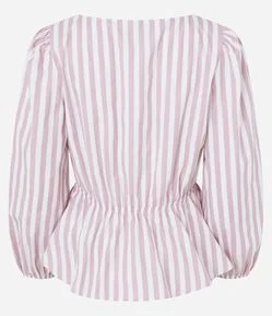 Blusa em Tricoline Listrada com Manga 3/4 Bufante