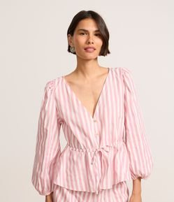 Blusa em Tricoline Listrada com Manga 3/4 Bufante