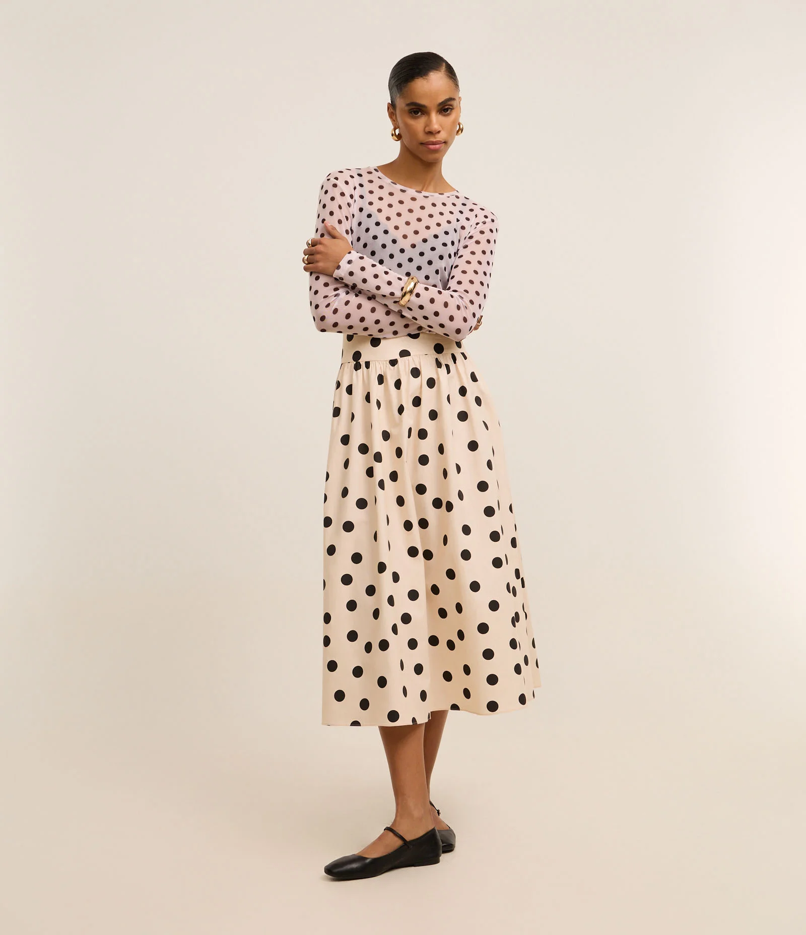 Blusa em Tule com Estampa Poá Bege 2