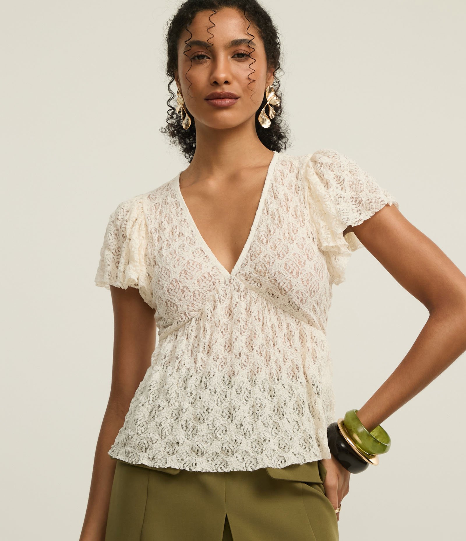 Blusa em Renda com Manga Bufante e Textura Diferenciada Off White 1