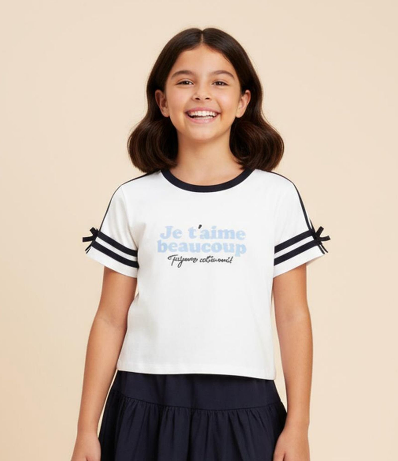 Blusa Infantil Ajustada com Detalhe Contrastante e Lacinho - Tam 5 a 14 Anos Branco 1