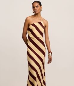 Vestido Evasê Midi em Viscolinho com Listras Diagonais