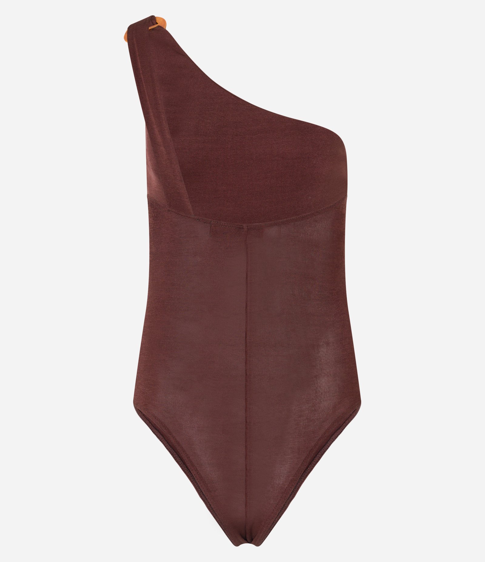 Body em Microfibra com Decote Ombro Só e Detalhe Metalizado Marrom 7
